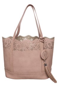 Sac cabas en simili cuir rose avec un motif floral découpé au laser le long du bord supérieur, détail avec un pompon et deux longues anses.