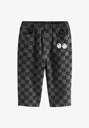 Pantaloni corto a scacchi neri e grigi in cotone, dotati di una cintura elastica, due tasche anteriori e un dettaglio ricamato bianco.