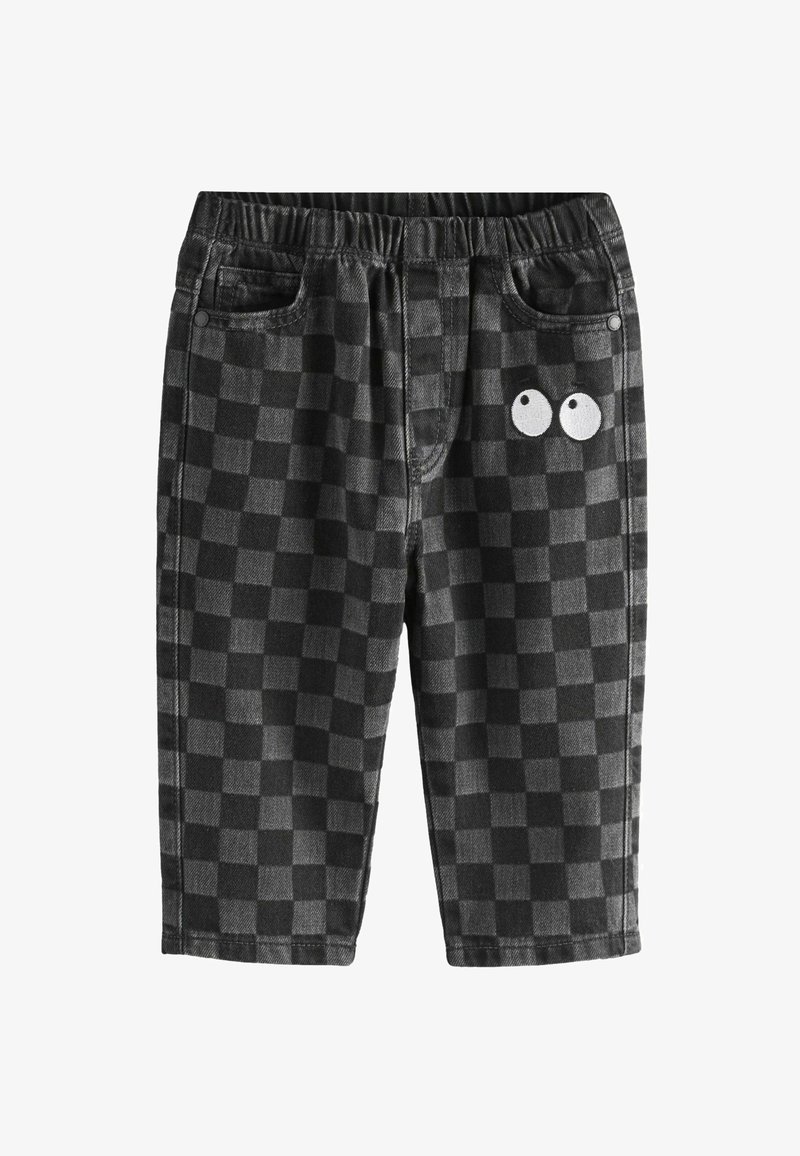 Juodos ir pilkos languotos šortai, pagaminti iš medvilnės, su elastiniu liemeniu, dviem priekinėmis kišenėmis ir balta siuvinėta detale.