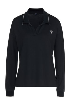 Zwarte langemouwen polo met een klassieke kraag en een knopenlijst. Heeft witte accenten op de kraag en een klein logo op de borst.