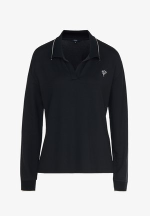 Zwarte langemouwen polo met een klassieke kraag en een knopenlijst. Heeft witte accenten op de kraag en een klein logo op de borst.
