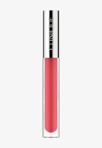 Clear lip gloss in a transparent tube, featuring a silver cap. The gloss is a bright pink shade with a smooth texture.