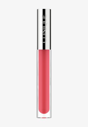 Clear lip gloss in a transparent tube, featuring a silver cap. The gloss is a bright pink shade with a smooth texture.
