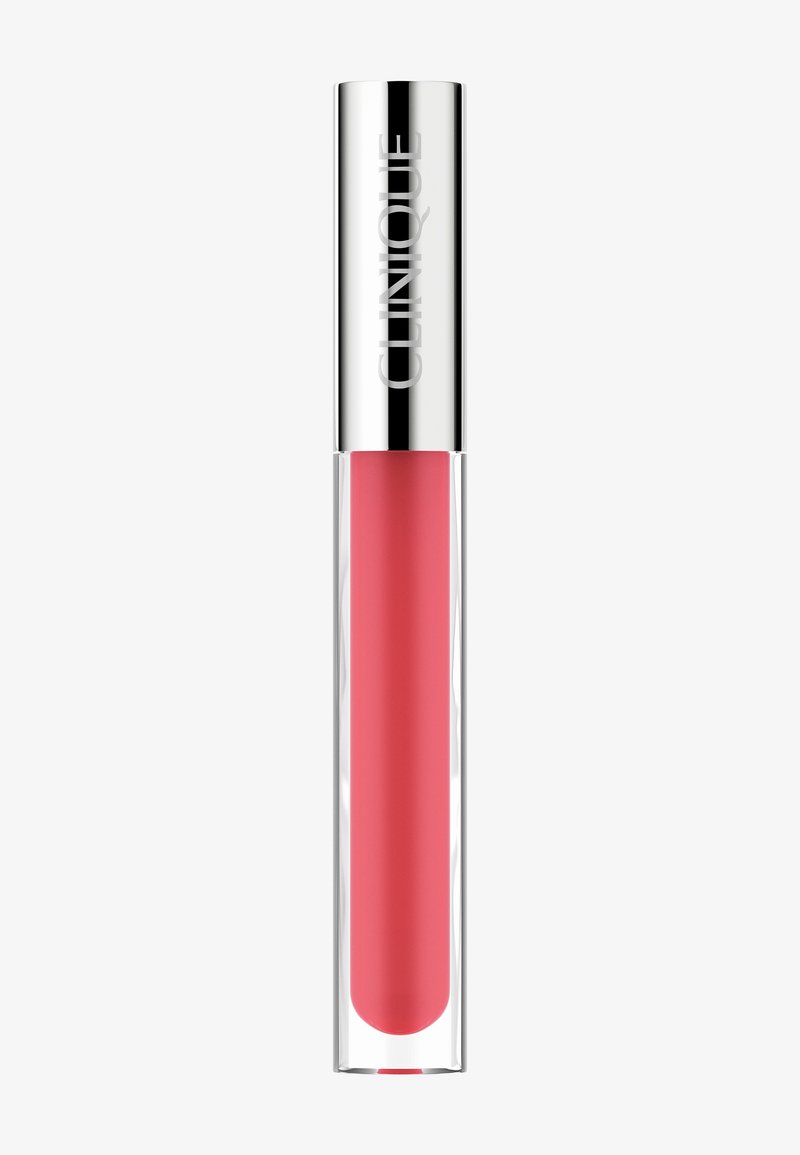 Gloss à lèvres transparent dans un tube transparent, avec un capuchon argenté. Le gloss est d'une teinte rose vif avec une texture lisse.