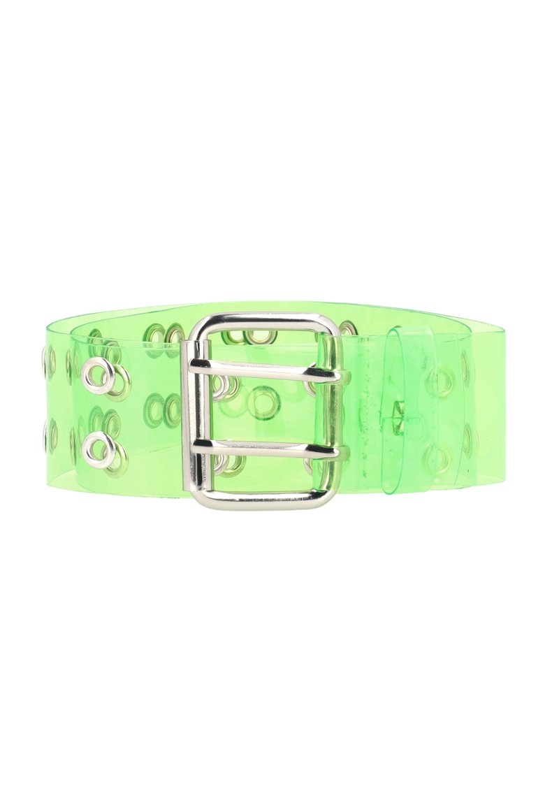 Průhledný zelený plastový pásek s kovovou stříbrnou přezkou, který má kolem pásku kruhové očko pro nastavitelné velikosti.