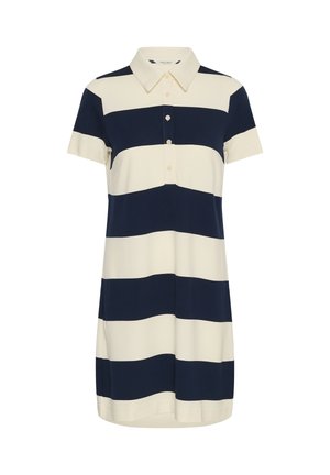 Polo obleka s kratkimi rokavi z širokimi vodoravnimi črtami v mornarsko modri in beli barvi ter ovratnikom z gumbi na prsnem košu.