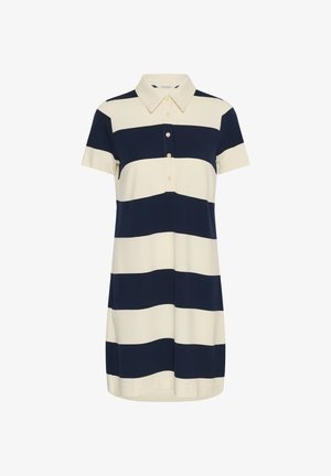 Polo obleka s kratkimi rokavi z širokimi vodoravnimi črtami v mornarsko modri in beli barvi ter ovratnikom z gumbi na prsnem košu.