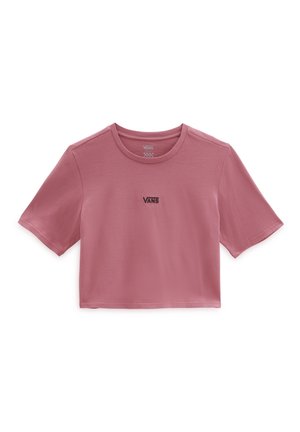 Różowa, przykurzona, krótka koszulka Vans z krótkimi rękawami i okrągłym dekoltem, z małym czarnym logo Vans na środku klatki piersiowej.