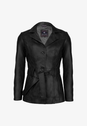 Damska czarna skórzana kurtka z szerokim kołnierzem, dwoma guzikami z przodu, paskiem w talii oraz metką Felix Hardy wewnątrz kołnierza.