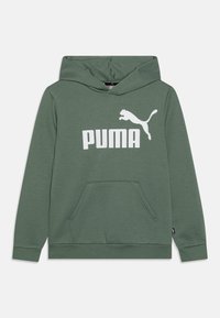 Groene hoodie met kangoeroezak en wit Puma-logo en tekst op de voorkant, lange mouwen en geribde manchetten en zoom.