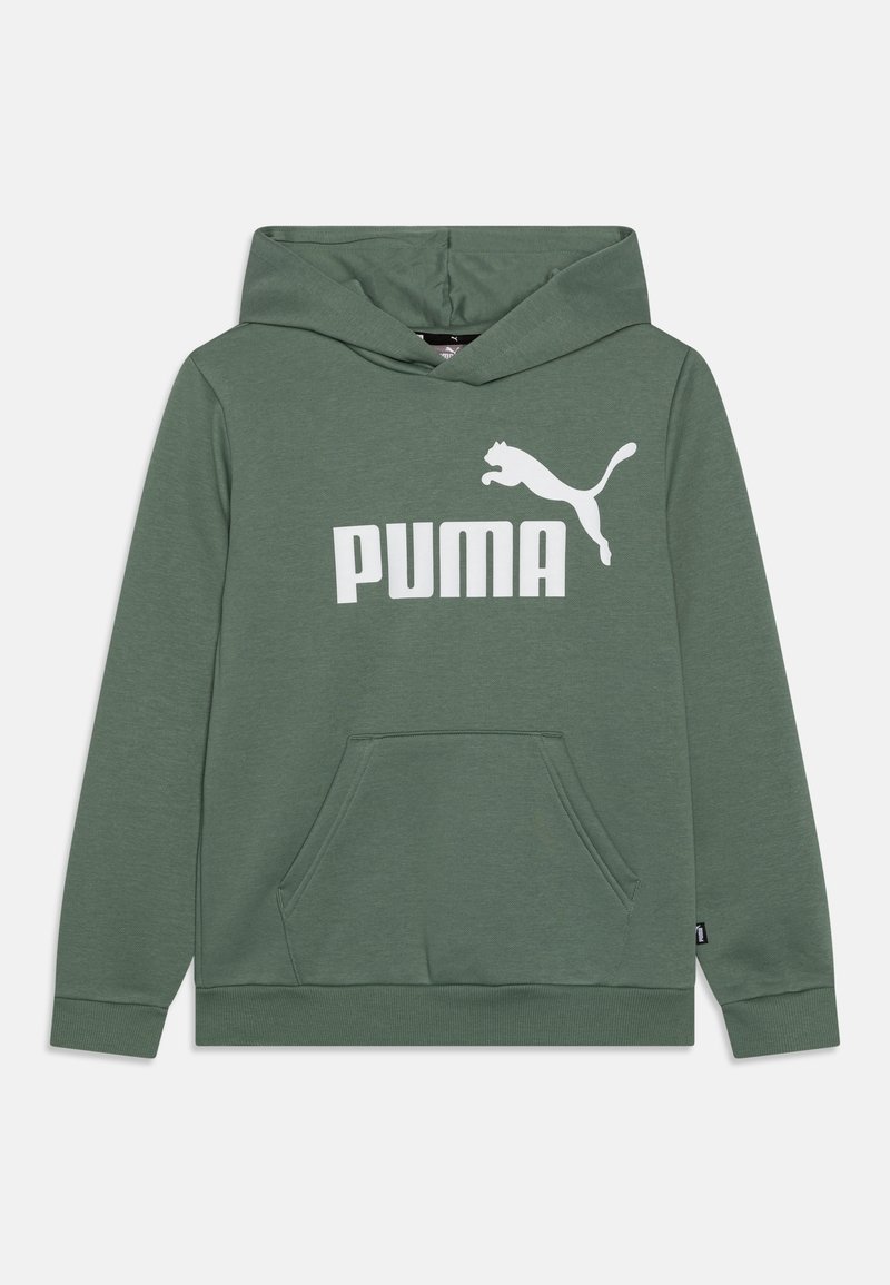 Sudadera verde con capucha, bolsillo tipo canguro y logotipo y texto de Puma en blanco en la parte delantera, mangas largas y puños y dobladillo acanalados.