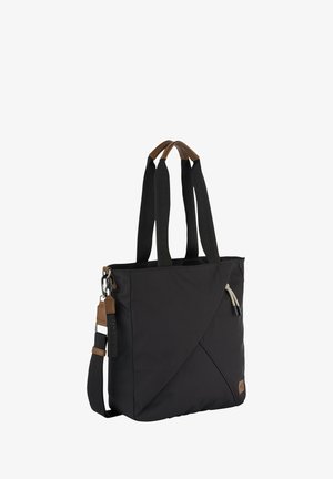 Zwarte nylon tote bag met twee bovenhandvatten en een afneembare schouderband; heeft een diagonale naadontwerp en een ritsvak met een gestructureerde ritstrekkker.