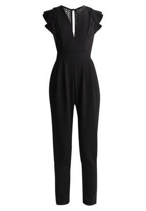 Schwarzer Jumpsuit mit tiefem Ausschnitt, kurzen Ärmeln und Spitzenrücken. Besitzt eine taillierte Taille und schmal zulaufende Beine. Glatte Stofftextur.