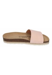 Light pink slide sandal with a wide strap, cork footbed, and textured rubber sole. Features an espadrille-style jute accent along the base.