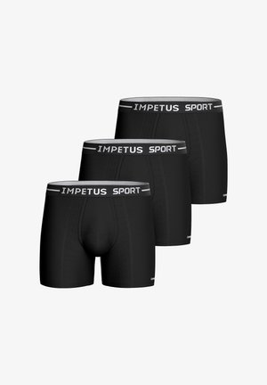 Drie paar zwarte sportboxershorts met een aansluitend ontwerp, voorzien van een gestructureerde tailleband met de tekst "IMPETUS SPORT" in witte letters.