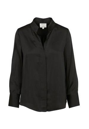 Black satin blouse with a mandarin collar, long sleeves, and a straight hem. Fabric has a smooth texture and a slight sheen. No visible patterns.