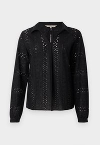 Black blouse with long sleeves, featuring eyelet cutouts and a collar. Vertical patterns create texture, with a front button placket.