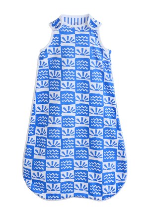 Sleeveless blue and white baby sleeping bag with alternating sun and wave square patterns and snap buttons on shoulders.