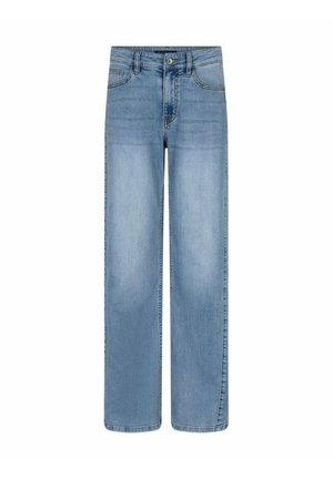 Rechte blauwe spijkerbroek met knoop- en ritsluiting, voor- en achterzakken en vervaagde waseffecten.