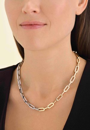 Collana in metallo dorato e argentato con maglie rettangolari allungate, alternate nei colori, posata su un collo dalla tonalità della pelle, su uno sfondo scuro.