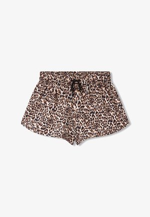 Szorty wprint w panterę, wykonane z lekkiego materiału, z elastycznym paskiem w talii oraz sznurkiem do regulacji, w luźnym kroju.