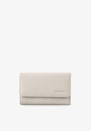Light beige leather wallet with a flap closure and subtle embossed brand name on the front right side.