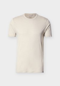 Απλό μπεζ μπλουζάκι με κοντά μανίκια και στρογγυλή λαιμόκοψη, παρουσιασμένο σε λευκό φόντο, με προβολή της μπροστινής πλευράς και λεπτομερειών ραφής.