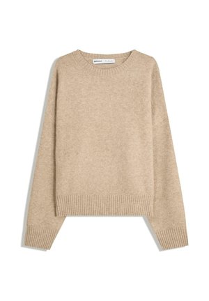 Beige sweater made of soft, textured knit. Features a round neckline, ribbed cuffs, and a cropped hem with dropped shoulders.