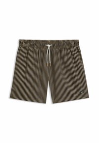 Gestreifte Badeshorts in Dunkelbraun und Beige, mit einem elastischen Bund und Kordelzug, sowie einem Logo am linken Saum. Leichter Stoff.
