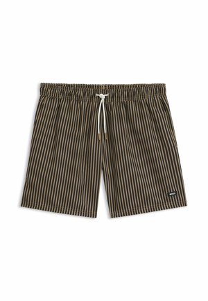Shorts de bain rayés en marron foncé et beige, avec une taille élastique et un cordon de serrage, et un logo sur l'ourlet gauche. Tissu léger.