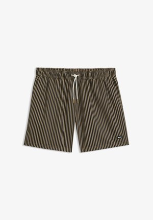 Gestreepte zwembroek in donkerbruin en beige, met een elastische tailleband met trekkoord en een logo op de linkerzoom. Lichtgewicht stof.