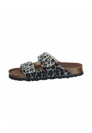 Leopard-print slide sandal with two adjustable straps, cork footbed, black rubber outsole, and soft textured upper material.