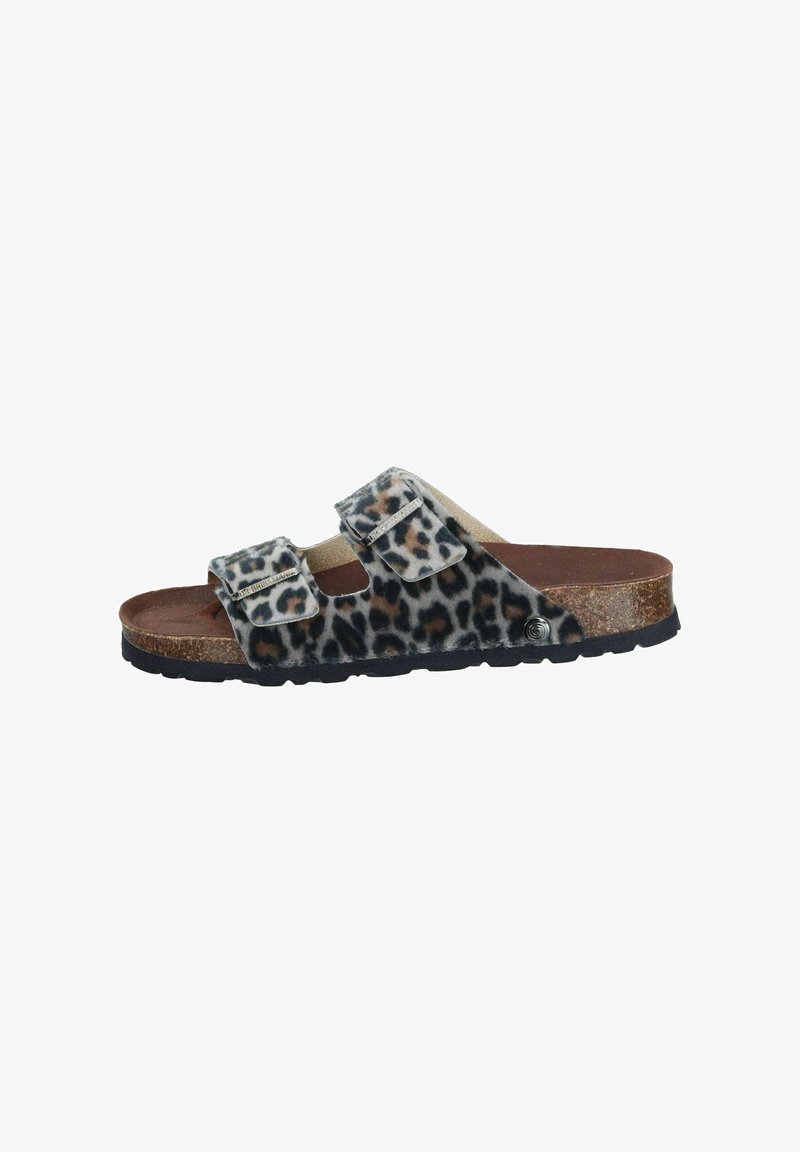 Leopard-print slide sandal with two adjustable straps, cork footbed, black rubber outsole, and soft textured upper material.