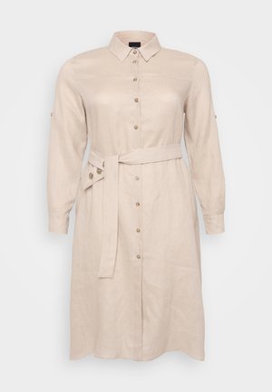 Light beige shirt dress made of linen, featuring a collar, long sleeves, front button closure, and a tied belt at the waist.