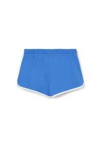 Pantaloni corti in cotone blu con vita elastica, caratterizzati da rifiniture bianche lungo l'orlo e un taglio leggermente curvo per facilitare i movimenti.