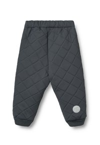 Quiltade grå byxor med diamantmönster, elastisk midja och ribbade muddar. Har en rund logotyp-patch på underbenet.
