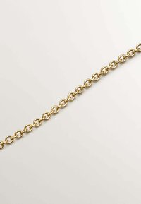 Cadena de oro con eslabones ovalados entrelazados, textura suave y brillo uniforme. El diseño es simple y continuo, sin ningún tipo de adornos.