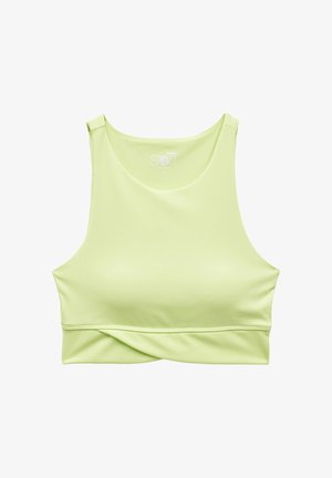 Top sportivo verde chiaro realizzato in tessuto morbido. Caratterizzato da un collo rotondo e un design senza maniche con un dettaglio a torsione nella parte anteriore.