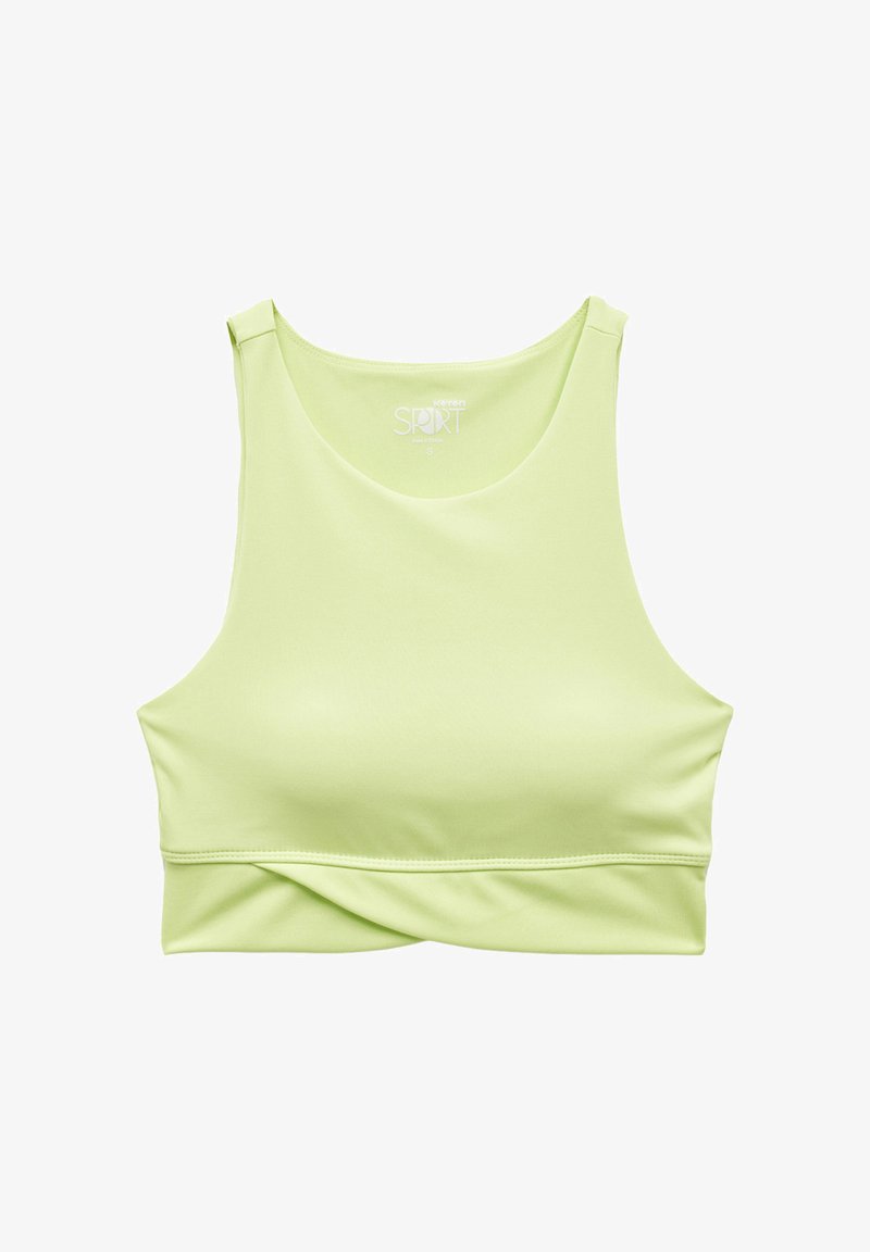 Lys grøn sports-bh lavet af glat stof. Har en rund halsudskæring og ærmeløs design med en twist-detalje foran.