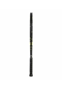 Black tennis racket with yellow smiley face designs and black grip, shown edge-on against a white background.