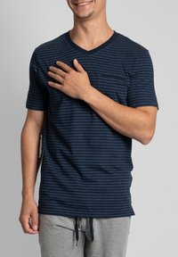 Navy blue striped short-sleeve V-neck t-shirt, made of soft fabric, with a solid black collar and a small chest pocket detail.