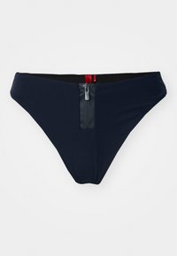 Jūrinės mėlynos spalvos maudymosi bikini apatinė dalis su lygiu paviršiumi, kuriame yra centrinis užtrauktukas, raudonas akcentas ir elastinga liemens juosta patogiam prigludimui.