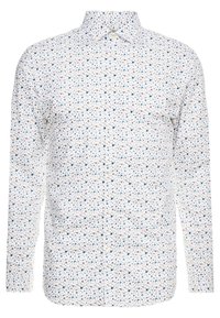 Biała, długorękawowa koszula zapinana na guziki z małym niebieskim, brązowym i czarnym wzorem kwiatowym oraz smukłym kołnierzykiem.