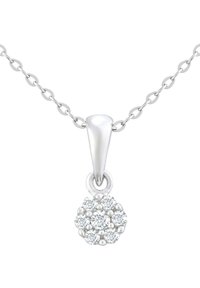 Collar de plata con un colgante redondo que presenta múltiples pequeñas piedras brillantes dispuestas estrechamente, creando un efecto de agrupamiento.