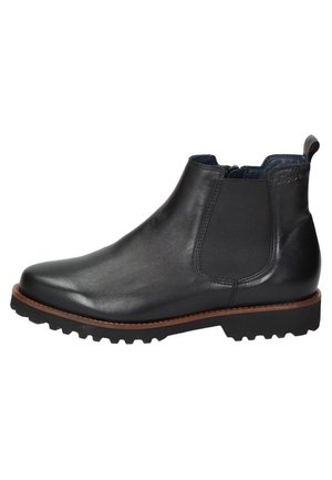 Sort læder Chelsea-støvle med elastisk sidepanel, brun kant, sort mønstret sål og bageste trækstrop.