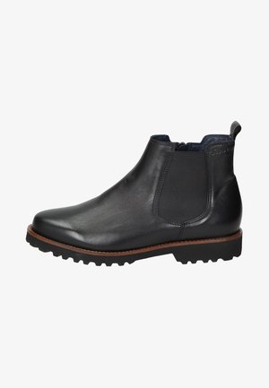 Bottine Chelsea en cuir noir avec panneau latéral élastique, bordure marron, semelle noire crantée et languette arrière.