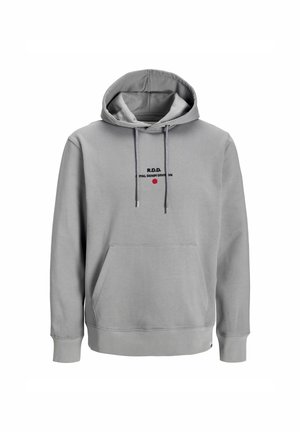 Szara bluza z kapturem wykonana z mieszanki bawełny, z kieszenią kangurką, kapturem ze sznurkiem oraz haftowanym napisem: "R.D.D. ROYAL DENIM DIVISION" nad czerwoną kropką.