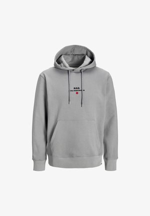Szara bluza z kapturem wykonana z mieszanki bawełny, z kieszenią kangurką, kapturem ze sznurkiem oraz haftowanym napisem: "R.D.D. ROYAL DENIM DIVISION" nad czerwoną kropką.