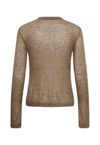 Pull tricoté marron clair à manches longues montré de dos avec un col rond et un ourlet et des poignets côtelés.
