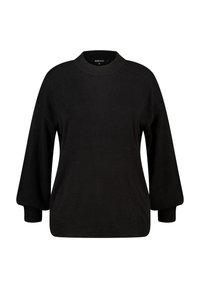 Zwarte trui met een ronde hals, lange licht opgeblazen mouwen en een ontspannen pasvorm. Gemaakt van een zachte gebreide stof met geribbelde manchetten.